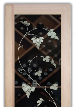 Wine Cellar Door with a sandblast Frosted Glass Grapes & Ivy Design Custom-Designed Decorative Etched Glass