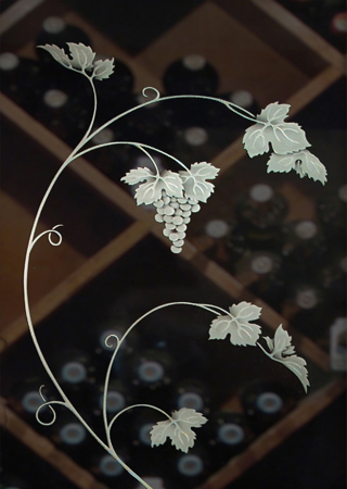 Wine Insert showcasing a Frosted Glass Grapes & Ivy Design with Sandblast Etched Glass Art by Sans Soucie Vineyard Grapes Unfurled Pair Design