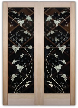 Semi-Private Wine Door with Sandblast Etched Glass Art by Sans Soucie Featuring Vineyard Grapes Unfurled Pair Grapes & Ivy Design