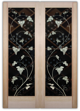 Semi-Private Wine Door with Sandblast Etched Glass Art by Sans Soucie Featuring Vineyard Grapes Unfurled Pair Grapes & Ivy Design