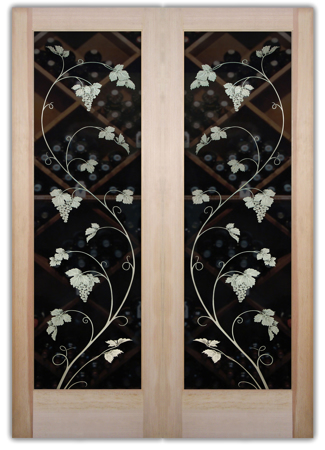 Wine Cellar Door showcasing a Frosted Glass Grapes & Ivy Design with Sandblast Etched Glass Art by Sans Soucie Vineyard Grapes Unfurled Pair Design