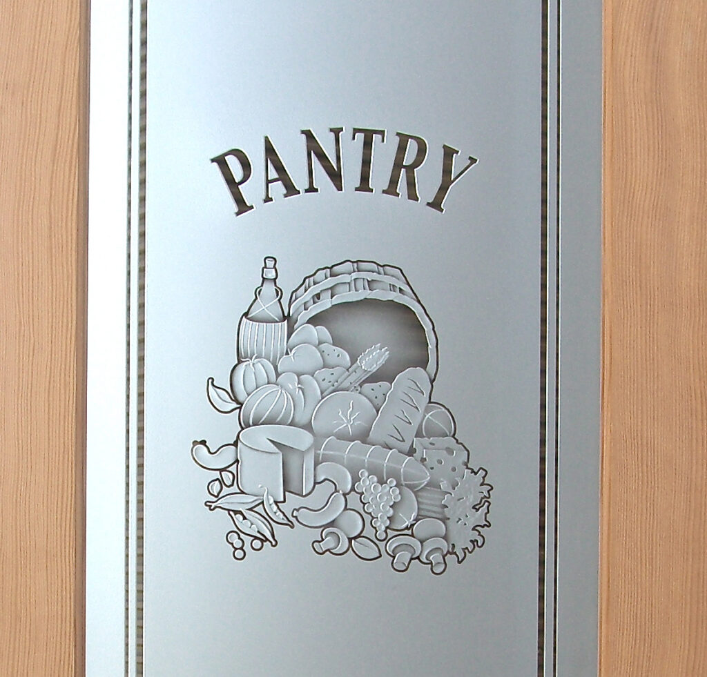 Carved frosted glass pantry door with etched food basket design and the word “Pantry”