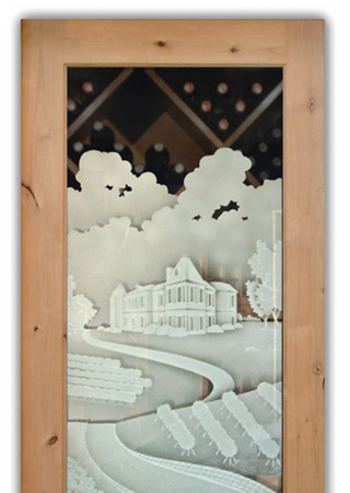 Wine Cellar Door with Frosted Glass Grapes & Ivy Winery Landscape Design by Sans Soucie