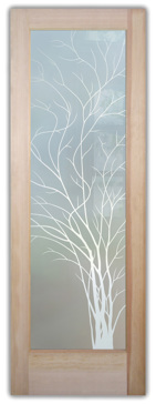 Art Glass Bathroom Door Featuring Sandblast Frosted Glass by Sans Soucie for Private with Tree Wispy Tree Design