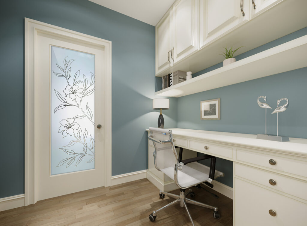 Home office with frosted glass interior door providing privacy and natural light