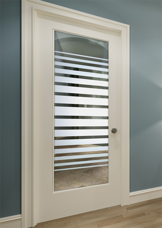 Interior office door with horizontal frosted glass bands offers a clean contemporary look with balanced privacy and visibility.
