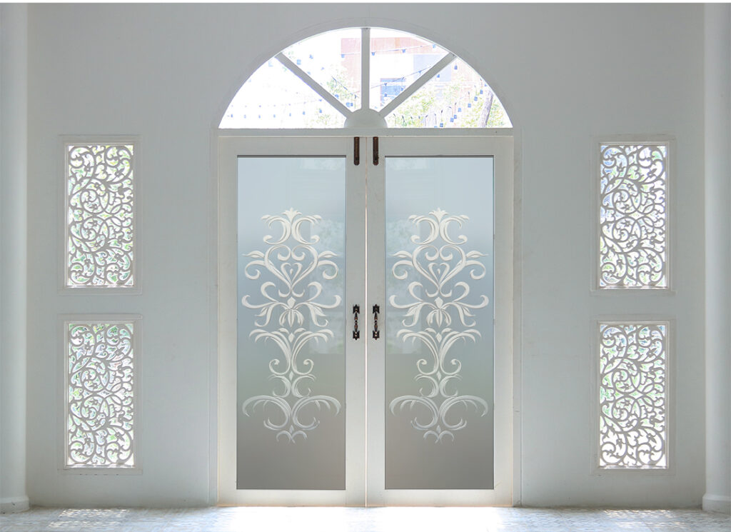 Demure Scrolls Private 3D Frosted Glass Pantry Doors Vintage Decor Sans Soucie Art Glass