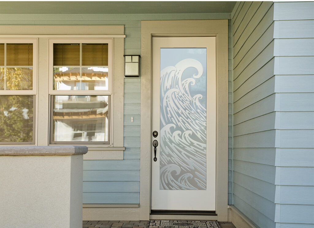 Newport Waves Private 3D Frosted Glass Finish Beach Decor Entry Glass Door Sans Soucie