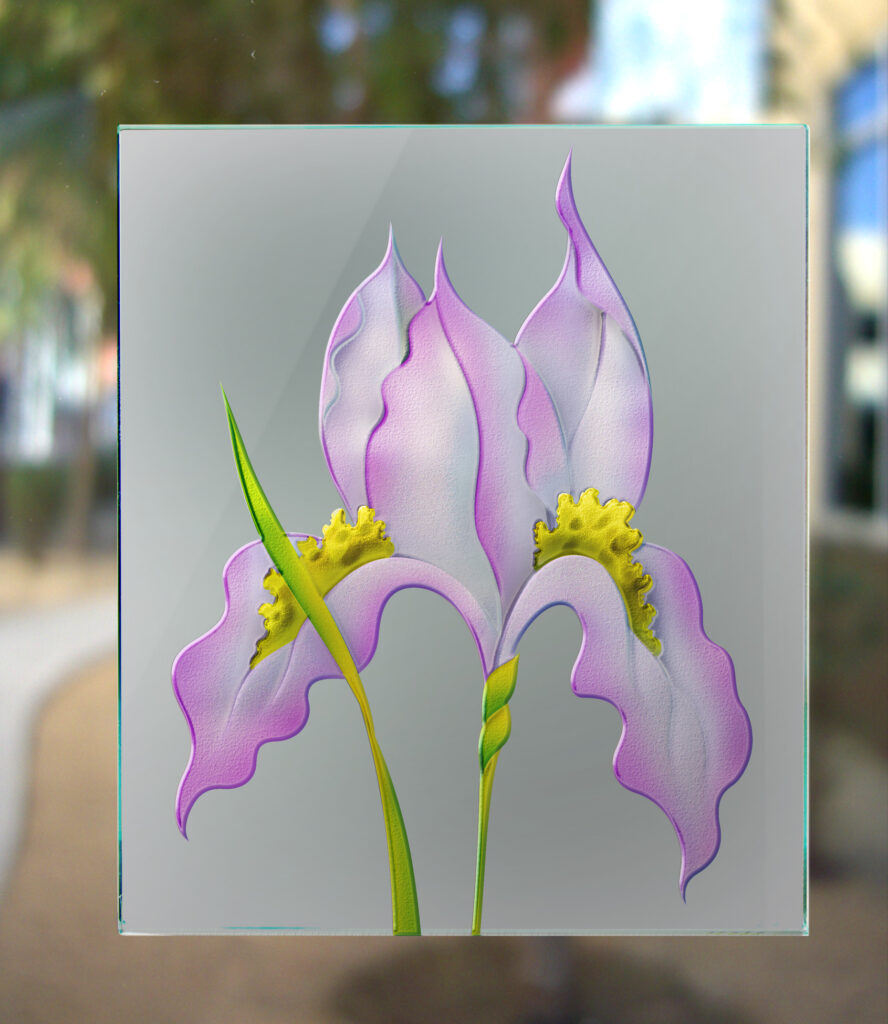 3D Enhanced carved and painted frosted glass effect, showcasing Sans Soucie&rsquo;s expert custom artistry.