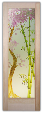 Art Glass Interior Door Featuring Sandblast Frosted Glass by Sans Soucie for Private with Asian Cherry Blossom Bamboo Design