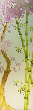 Art Glass Interior Insert Featuring Sandblast Frosted Glass by Sans Soucie for Private with Asian Cherry Blossom Bamboo Design