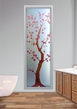 Window with Frosted Glass Asian Delicate Cherry Blossom Design by Sans Soucie