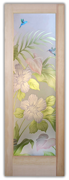 Handmade Sandblasted Frosted Glass Bathroom Door for Private Featuring a Tropical Design Hibiscus Anthurium by Sans Soucie