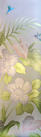 Door Glass Insert featuring a Frosted Glass Tropical Design Sandblast Etched Glass Hibiscus Anthurium Design by Sans Soucie