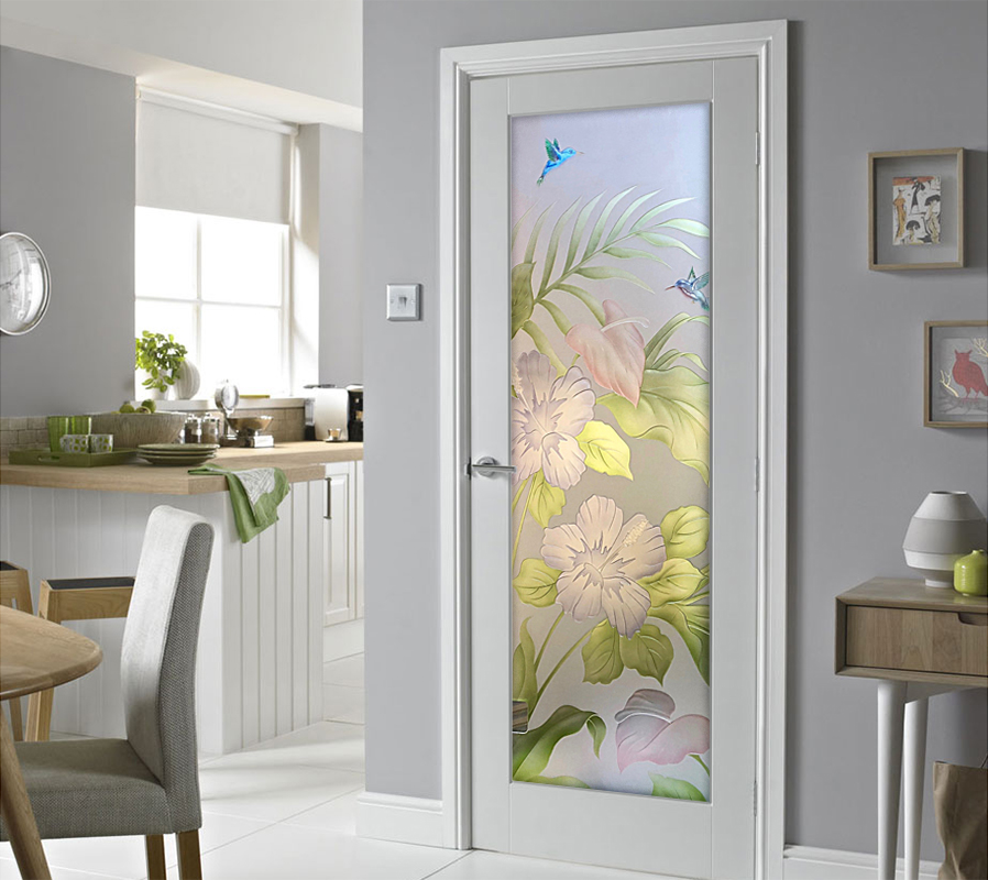 Hibiscus Anthurium Panty Door Glass Effect Private 3D Enhanced Painted Frosted Glass Finish Tropical Beach Decor Style Sans Soucie