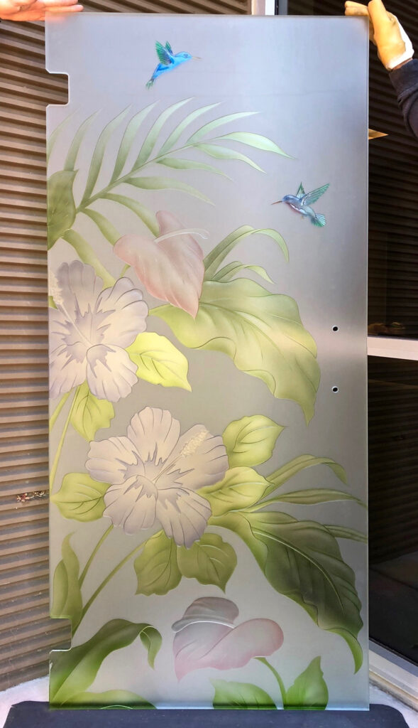 Painted hibiscus glass partition panel with hummingbirds, tropical leaves, and frosted privacy glass.