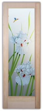Handmade Sandblasted Frosted Glass Bathroom Door for Private Featuring a Floral Design Iris Hummingbird II by Sans Soucie