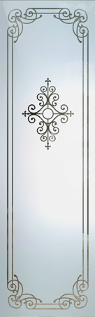 Door Glass Insert featuring a Frosted Glass Wrought Iron Design Sandblast Etched Glass Maya Naples Design by Sans Soucie