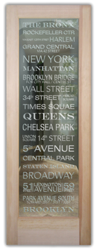 Interior Door with a Frosted Glass NYC Sayings Design for Not Private by Sans Soucie Art Glass
