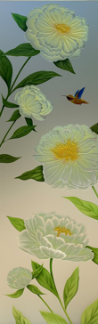 Semi-Private Interior with Sandblast Etched Glass Art by Sans Soucie Featuring Peonies Floral Design