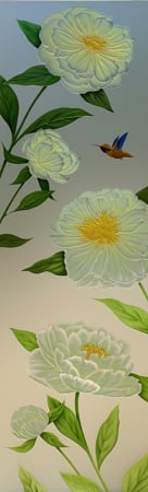 Door Glass Insert showcasing a Frosted Glass Floral Design with Sandblast Etched Glass Art by Sans Soucie Peonies Design