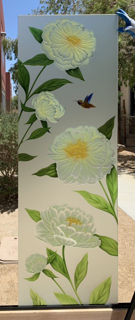 Painted peony glass panel shown as one of many glass door inserts for front doors, featuring soft frosted privacy and colorful floral art.