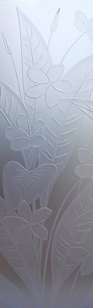 Door Glass Insert featuring a Frosted Glass Floral Design Sandblast Etched Glass Plumeria Design by Sans Soucie
