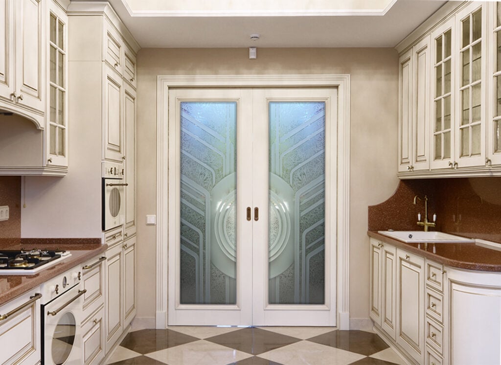 Sun Odyssey Curved Semi-Private 3D Enhanced Gluechip Glass Finish Modern Decor Glass Pantry Doors Sans Soucie 