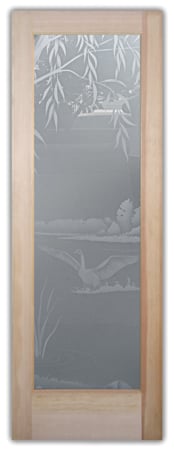 Interior Door featuring a Frosted Glass Wildlife Design Sandblast Etched Glass Swans on the Lake Design by Sans Soucie