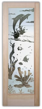 Handcrafted Etched Glass Interior Door by Sans Soucie Art Glass with Custom Oceanic Design Called Aquarium Dolphins Creating Semi-Private