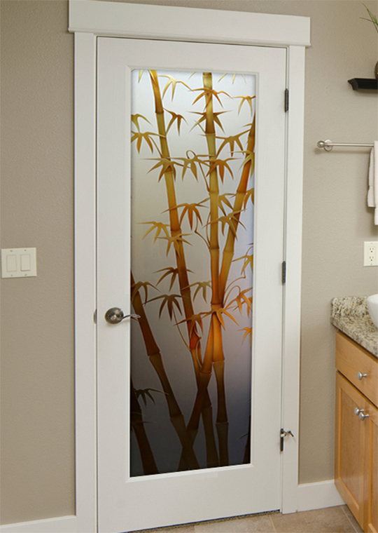 bathroom door with 3D carved glass and painted glass bamboo design in frosted glass for privacy and natural style