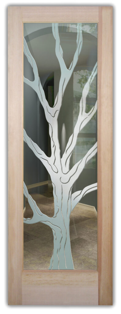 Barren Branches glass door with 3D carved clear glass, semi-private modern tree design