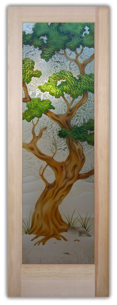 3D carved and painted bonsai glass door with gluechip background, semi-private decorative glass
