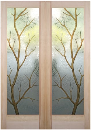 Interior Door with a sandblast Frosted Glass Tree Design Custom-Designed Decorative Etched Glass