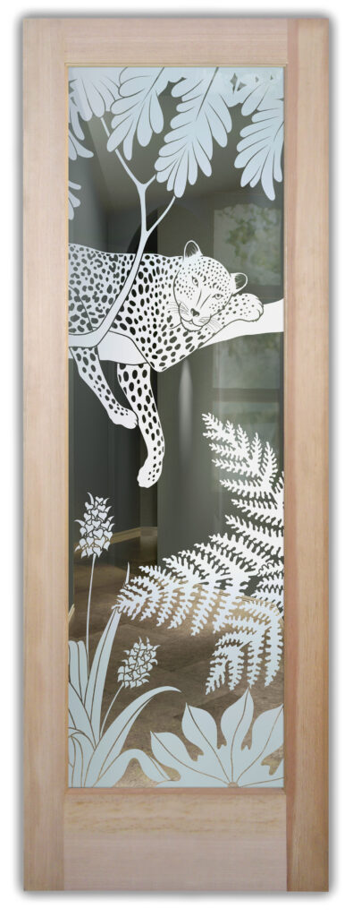 Glass door with cheetah resting on tree branch, jungle wildlife design with clear background