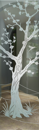 Door Glass Insert featuring Frosted Glass Design Etched Glass by Sans Soucie Art Glass with Custom Asian Design Cherry Blossom III