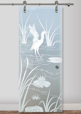 Private Sliding Glass Barn Door with Sandblast Etched Glass Art by Sans Soucie Featuring Cranes A Wildlife Design