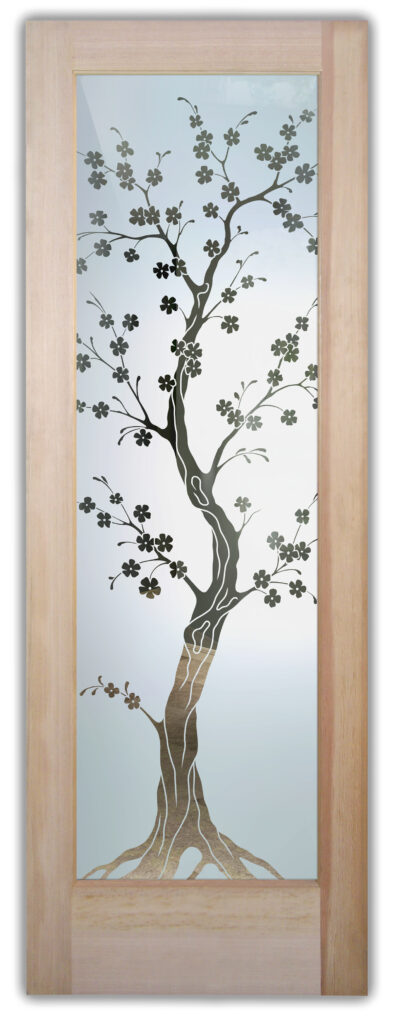 Cherry blossom tree glass door with 1D negative etched design and clear background