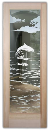 Front Door featuring Frosted Glass Design Etched Glass by Sans Soucie Art Glass with Custom Oceanic Design Dolphins in the Shimmer