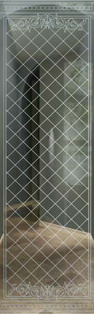 Door Glass Insert featuring a Frosted Glass Traditional Design Sandblast Etched Glass Filigree Lattice Design by Sans Soucie