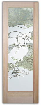 Handcrafted Etched Glass Front Door by Sans Soucie Art Glass with Custom Tropical Design Called Flamingos Creating Semi-Private