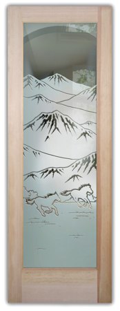 Interior Door featuring a Frosted Glass Western Design Sandblast Etched Glass Galloping in the Vistas Design by Sans Soucie