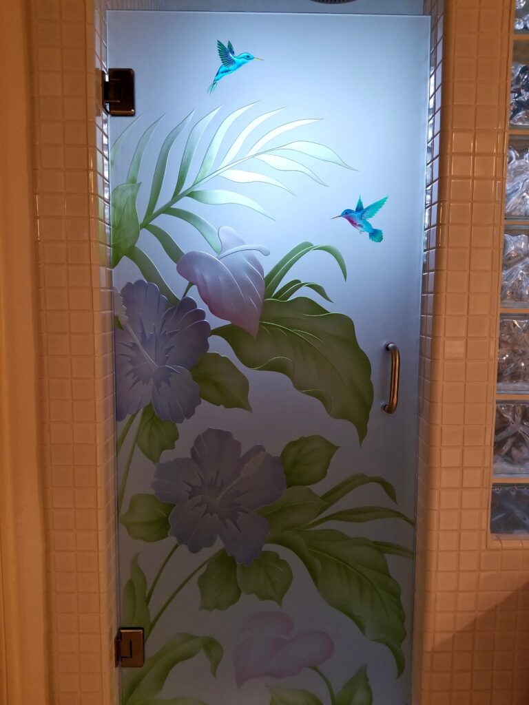 Frosted Glass Shower Doors Hibiscus Anthurium 3D Enhanced Painted Private Frosted Glass Finish Tropical Decor Sans Soucie