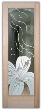 Not Private Interior Door with Sandblast Etched Glass Art by Sans Soucie Featuring Hibiscus Ripples Tropical Design