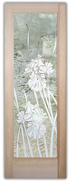 Handmade Sandblasted Frosted Glass Front Door for Semi-Private Featuring a Floral Design Iris Hummingbird II by Sans Soucie