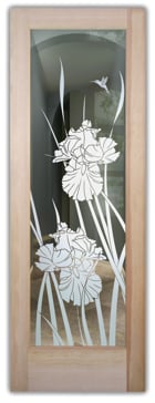 Handmade Sandblasted Frosted Glass Front Door for Not Private Featuring a Floral Design Iris Hummingbird II by Sans Soucie