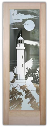 Front Door featuring Frosted Glass Design Etched Glass by Sans Soucie Art Glass with Custom Oceanic Design Lighthouse Beaming