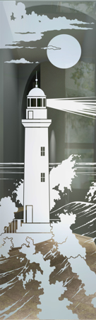 Door Glass Insert featuring Frosted Glass Design Etched Glass by Sans Soucie Art Glass with Custom Oceanic Design Lighthouse Beaming
