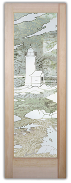 Semi-Private Front Door with Sandblast Etched Glass Art by Sans Soucie Featuring Lighthouse Distant Oceanic Design