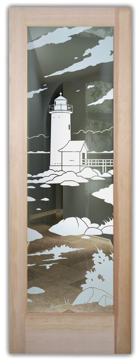 Not Private Front Door with Sandblast Etched Glass Art by Sans Soucie Featuring Lighthouse Distant Oceanic Design